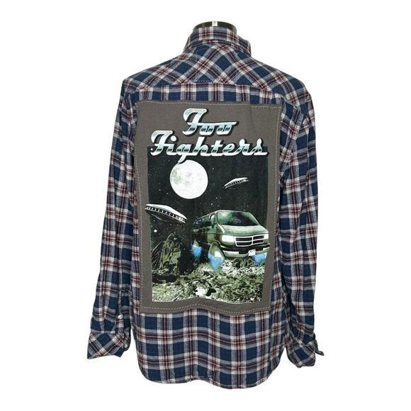 Frayed Calabasas Malibu Foo Fighters Upcycled Plaid Shirt Large NWT - Picture 1 of 11